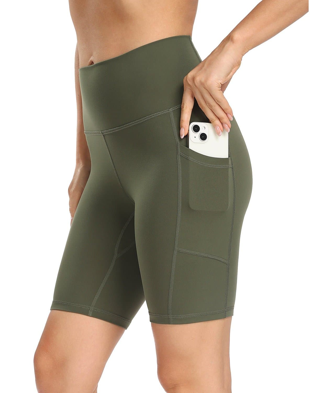 8’’ High Waist Pockets Yoga Biker Shorts - #color_ Army Green / XS
