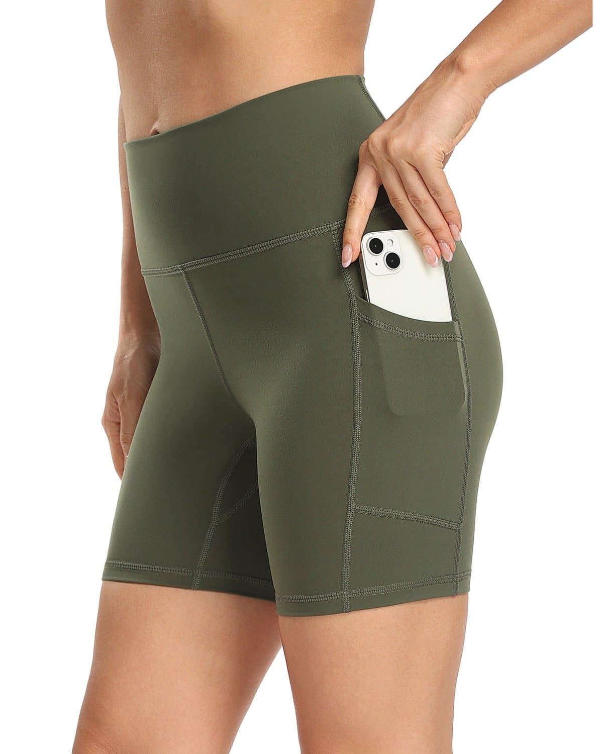 6’’ Biker Shorts with Pockets - olive green athletic shorts pockets #color_ Army Green / XS