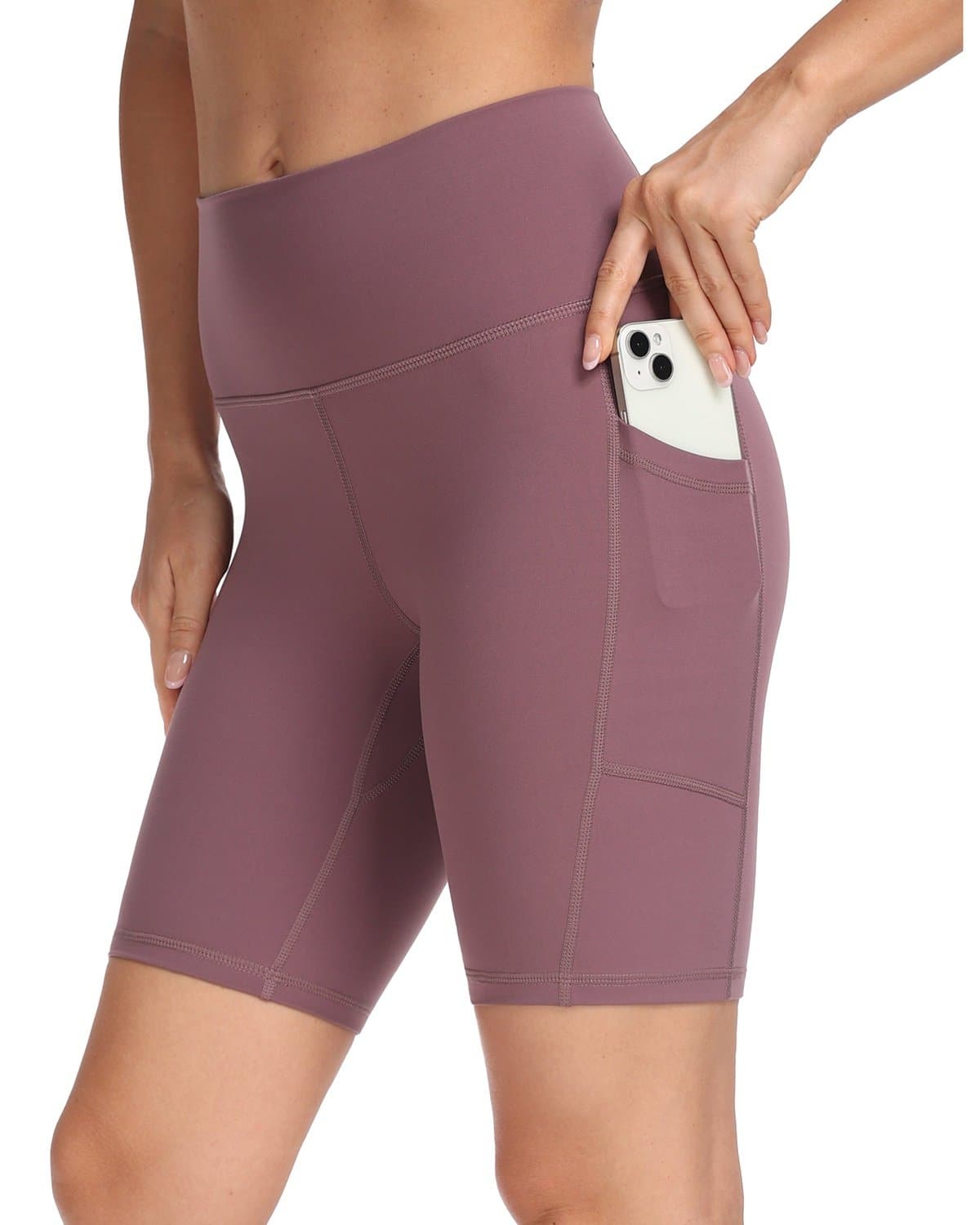 8’’ High Waist Pockets Yoga Biker Shorts - #color_ Dusty Red / XS