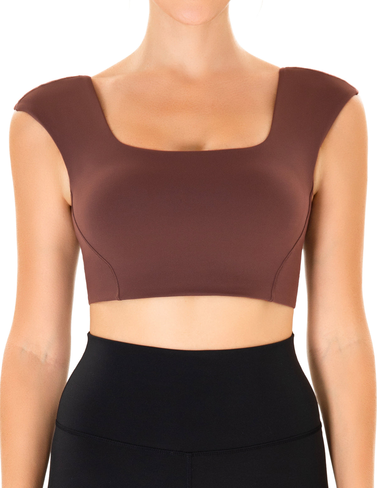 Women’s Square Neck Twist Back Cropped Sports Bra - #color_ Brown Stone / XS