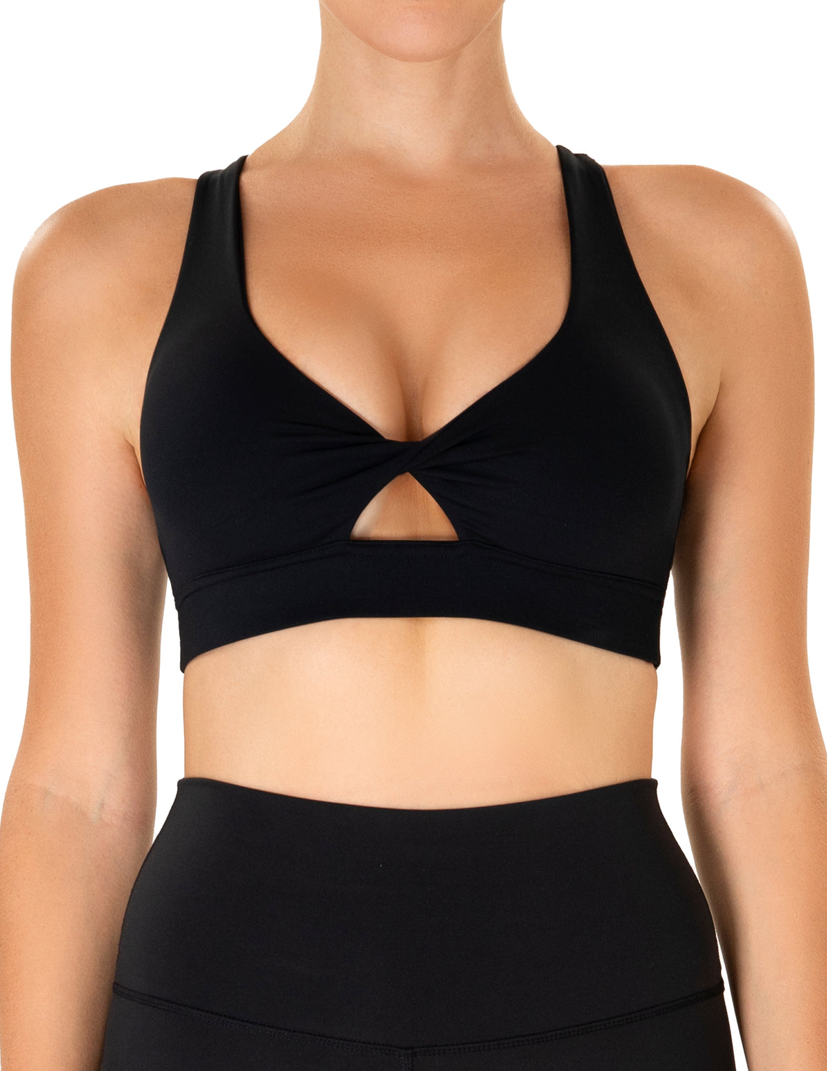 Twist Front V-Neck Criss-Cross Back Sports Bra - #color_ Black / XS