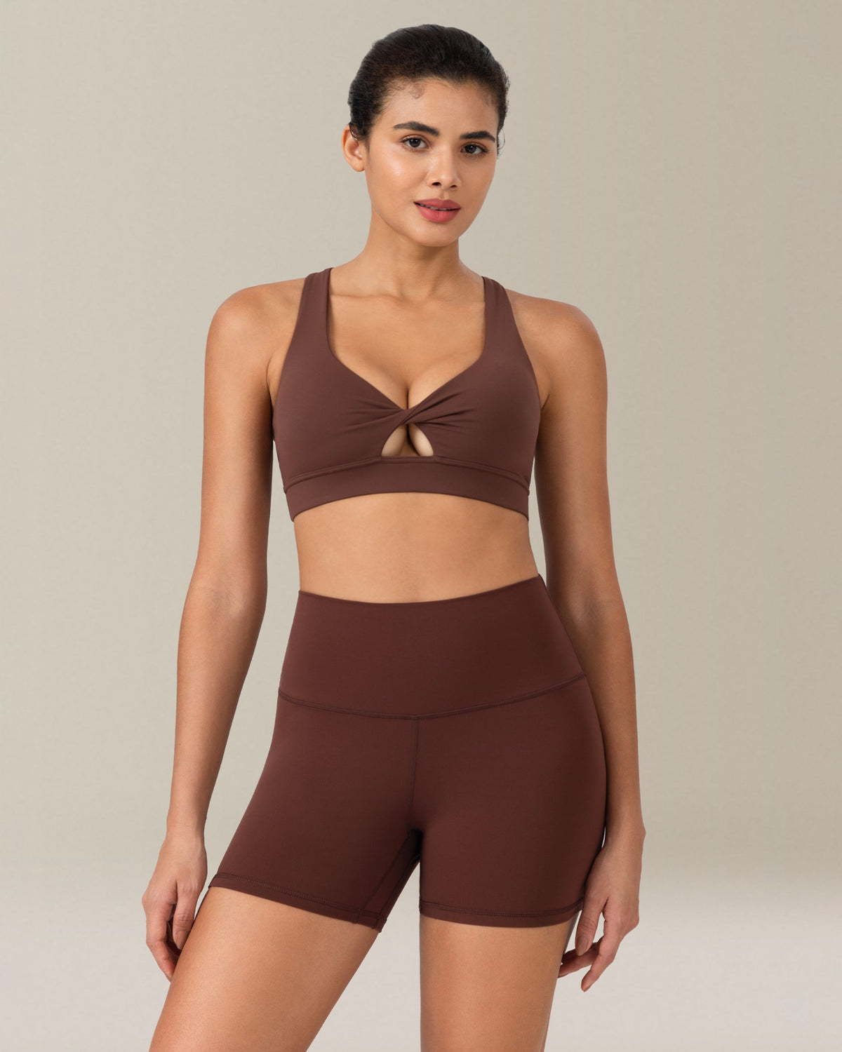 8993 - Yunoga Twist Front V-Neck Criss-Cross Back Sports Bra - Brown Stone