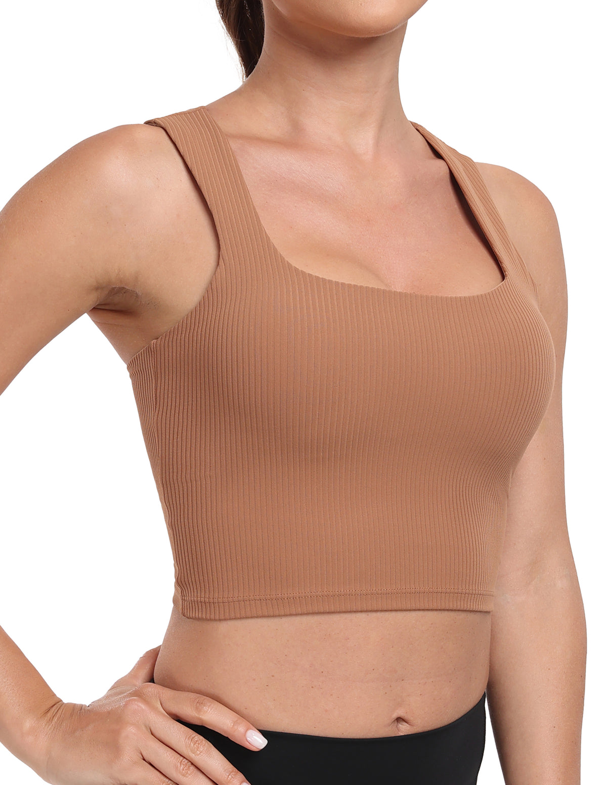 Sports Bra Square Neck Workout Tank Tops with Built - #color_ Roasted Brown / XS