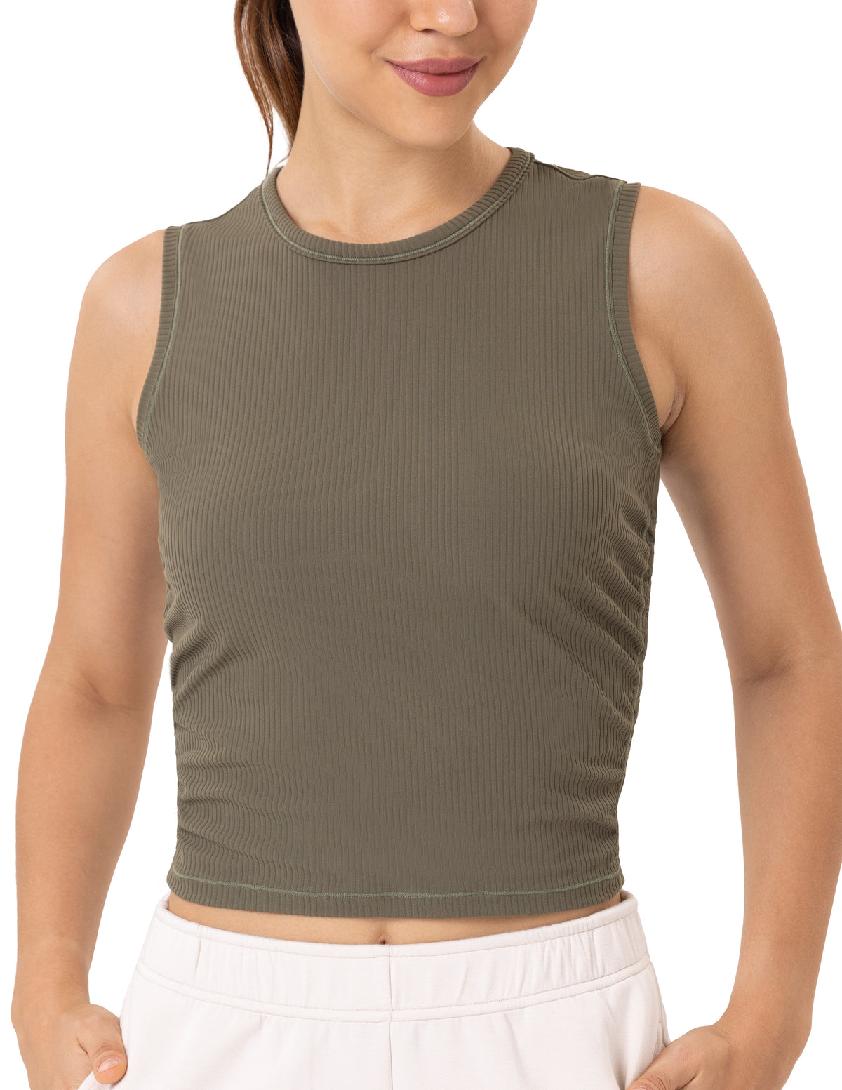 Sleeveless Crew Neck Workout Shirt - #color_ Olive Green / XS