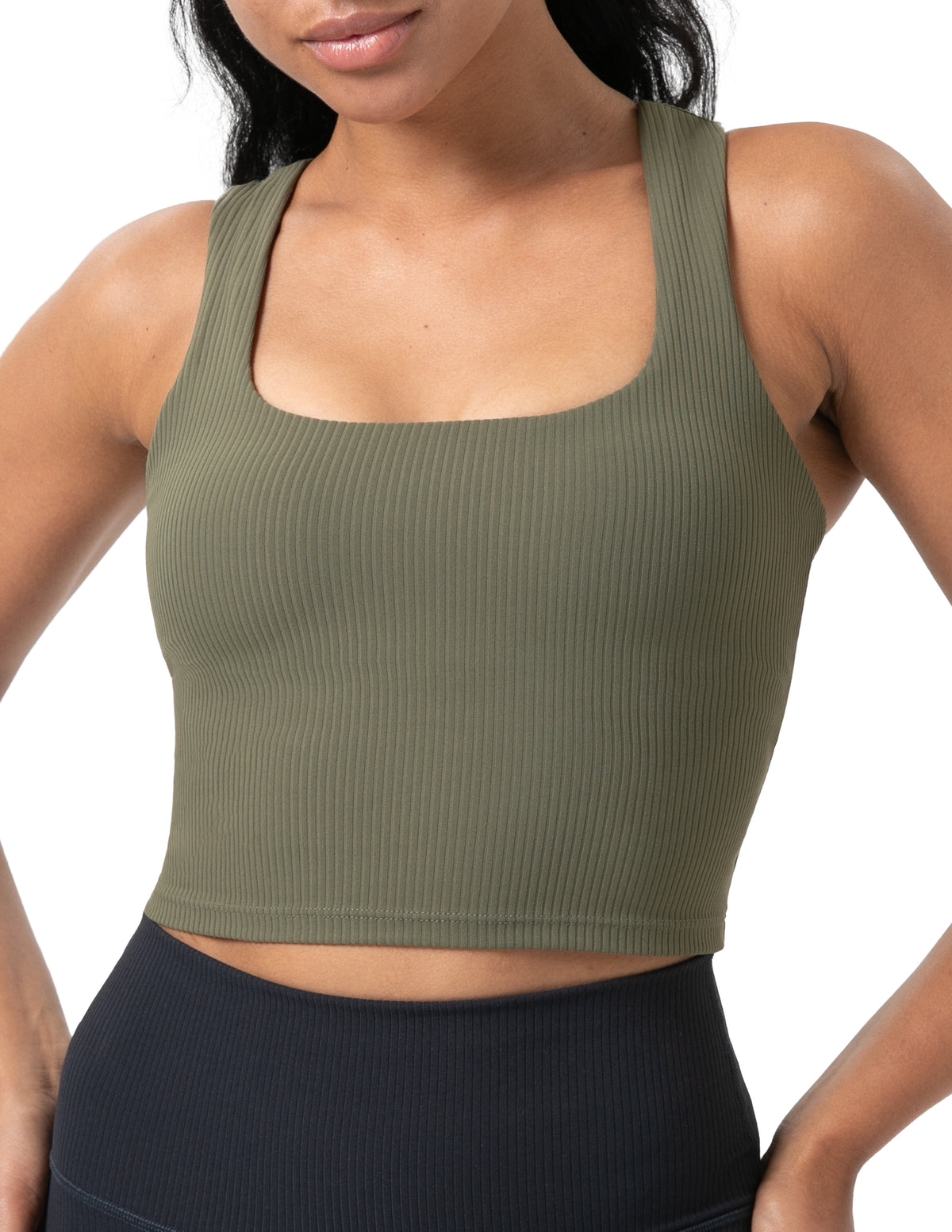 Sports Bra Square Neck Workout Tank Tops with Built - #color_ olive green / XS