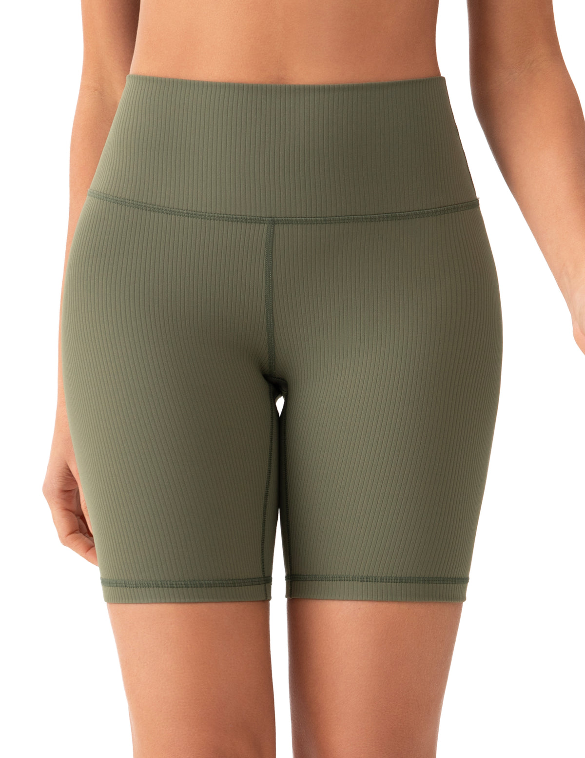 8042 - 8’’ High Waisted Ribbed Biker Shorts Yoga Tights - Olive Green / XS