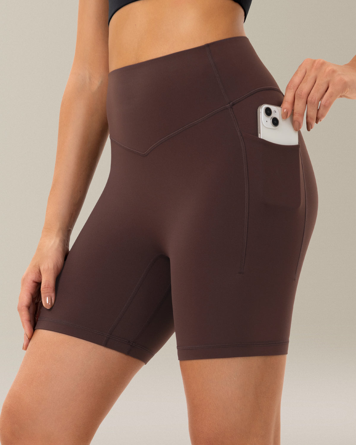 6'' Seamless Soft Biker Shorts with Pockets - No Front Seam & V-shaped - Hot Fudge