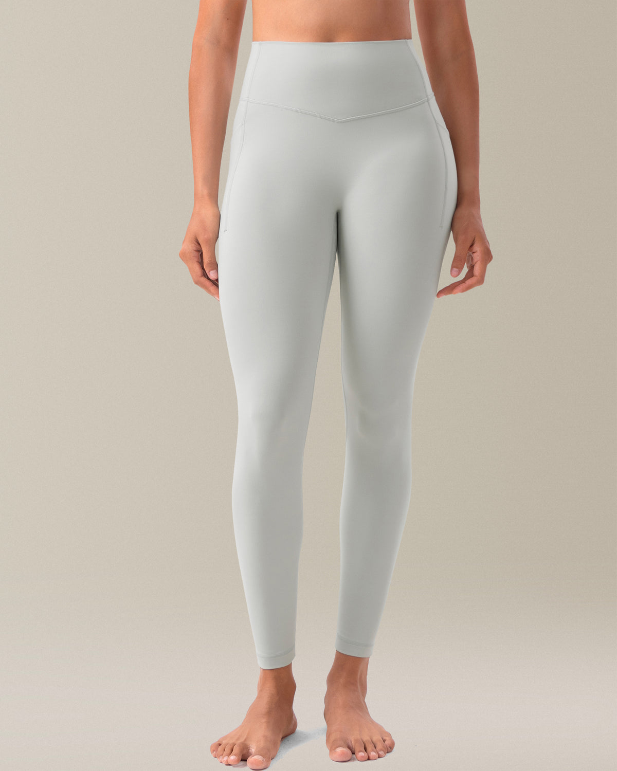 YUNOGA HugMotion No Front Seam Leggings for Women with Pockets - 25 Inches High Waisted Buttery Soft Workout Gym Yoga Pants - Foggy Green