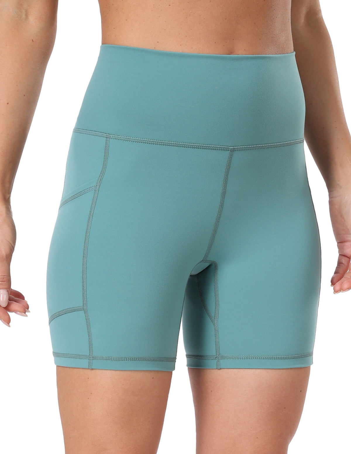 Yunoga 6’’ Biker Shorts with Pockets - blue athletic shorts pockets - Beryl Green