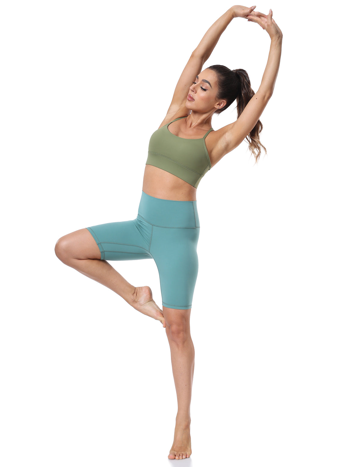 8933-Yunoga 8″ High‑Waist Tummy‑Control Yoga Biker Shorts-Beryl Green