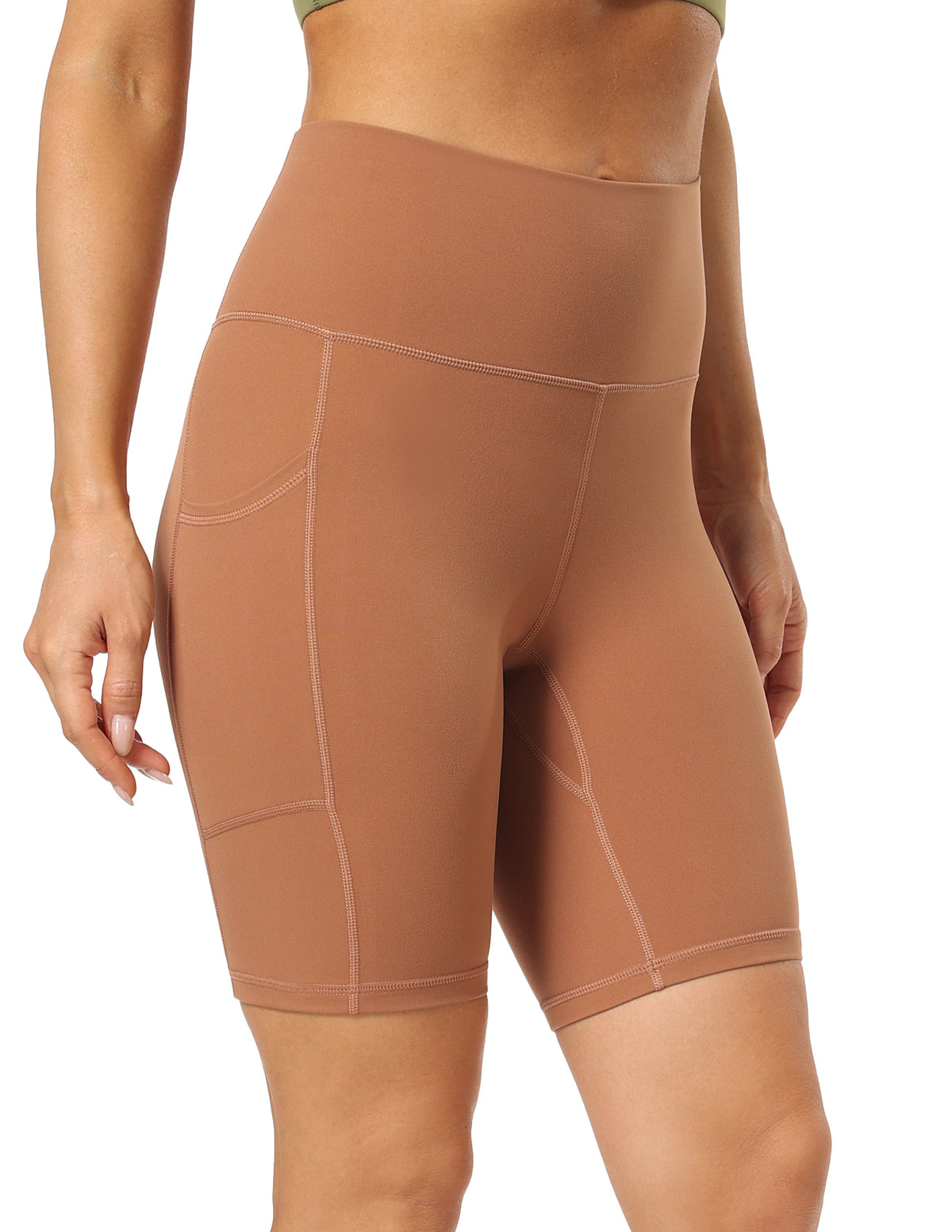 8950-Yunoga 8'' High Waist Pockets Yoga Biker Shorts Roasted Brown