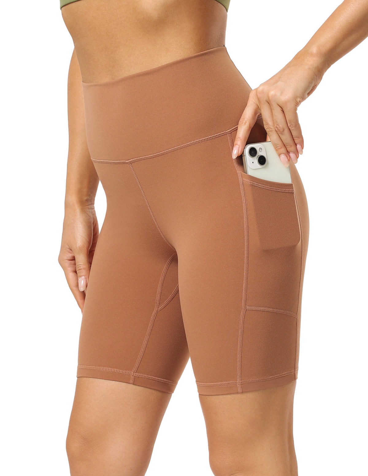 8950-Yunoga 8'' High Waist Pockets Yoga Biker Shorts Roasted Brown