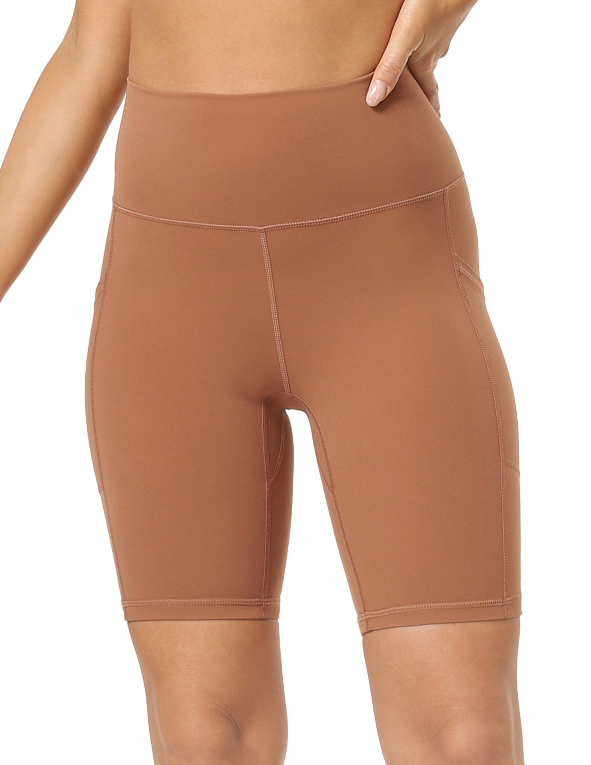8950-Yunoga 8'' High Waist Pockets Yoga Biker Shorts Roasted Brown