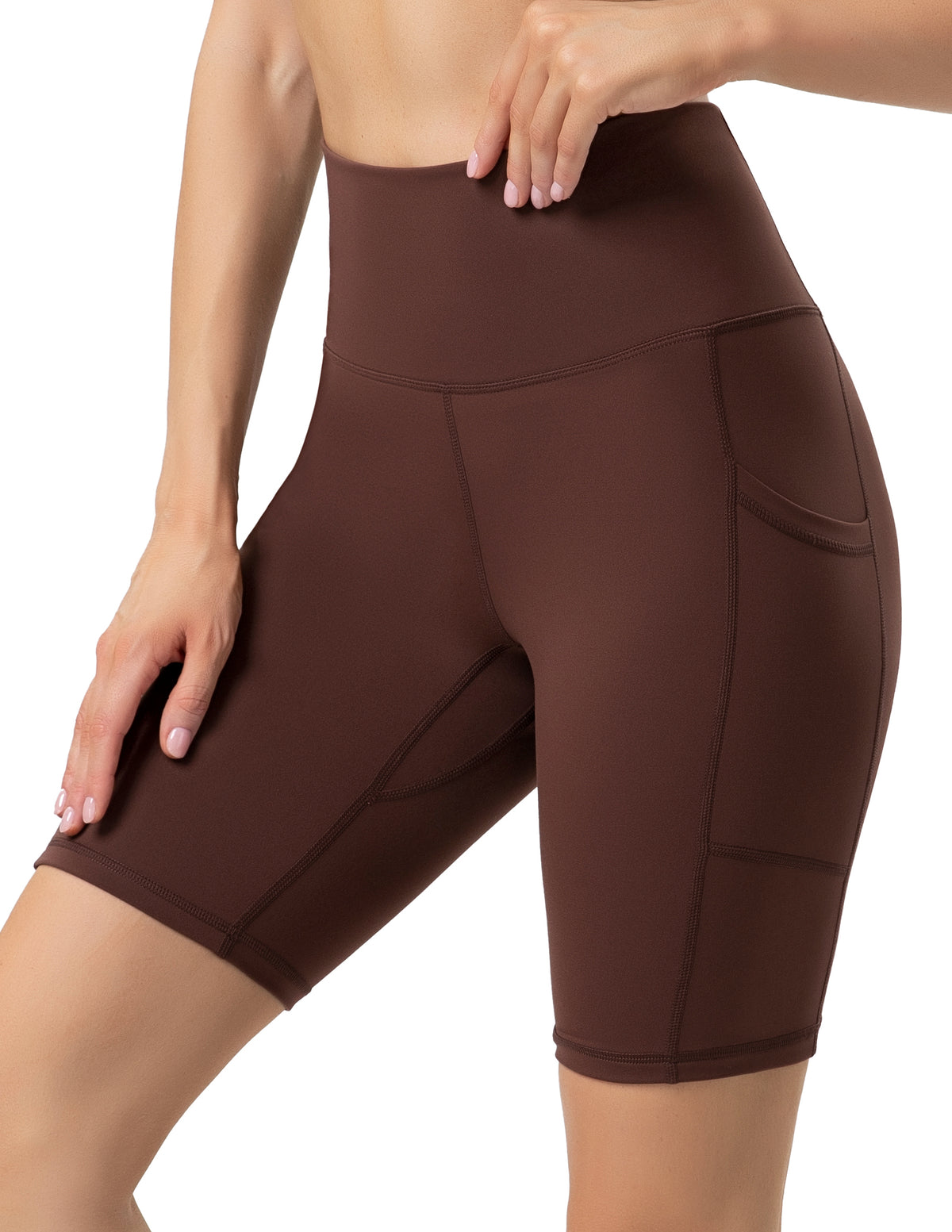 8950 - Yunoga 8'' High Waist Pockets Yoga Biker Shorts - Brown Stone