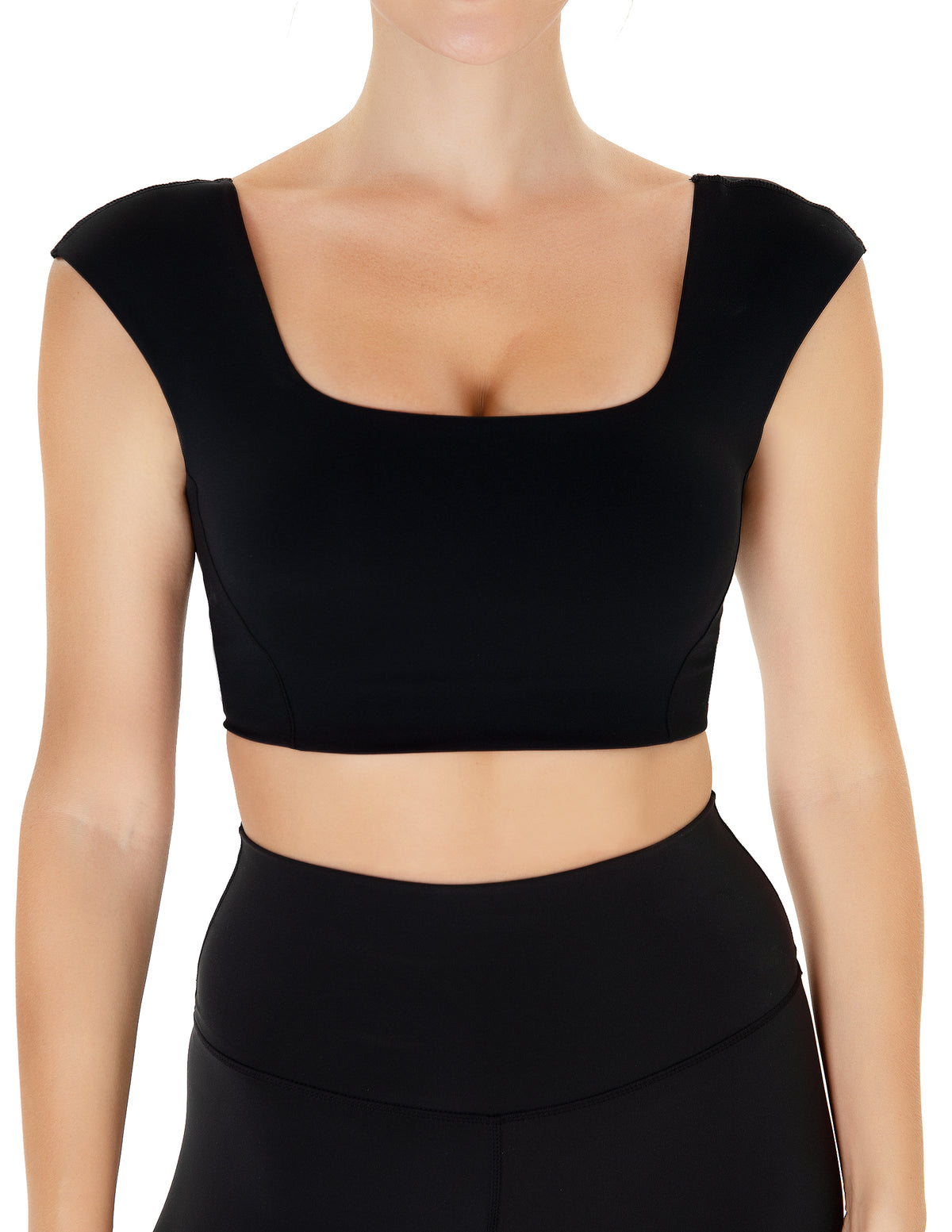 Women’s Square Neck Twist Back Cropped Sports Bra - #color_ Black / XS