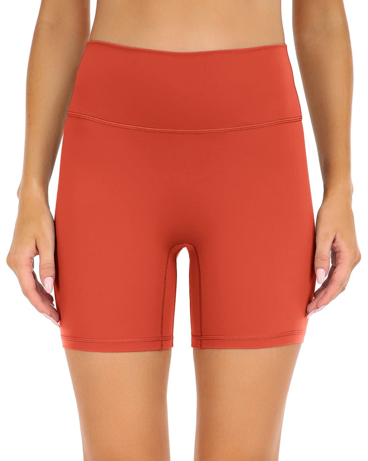 6’’ No Front Seam Biker Shorts - high-waisted reddish-orange athletic shorts #color_ Redwood / XS