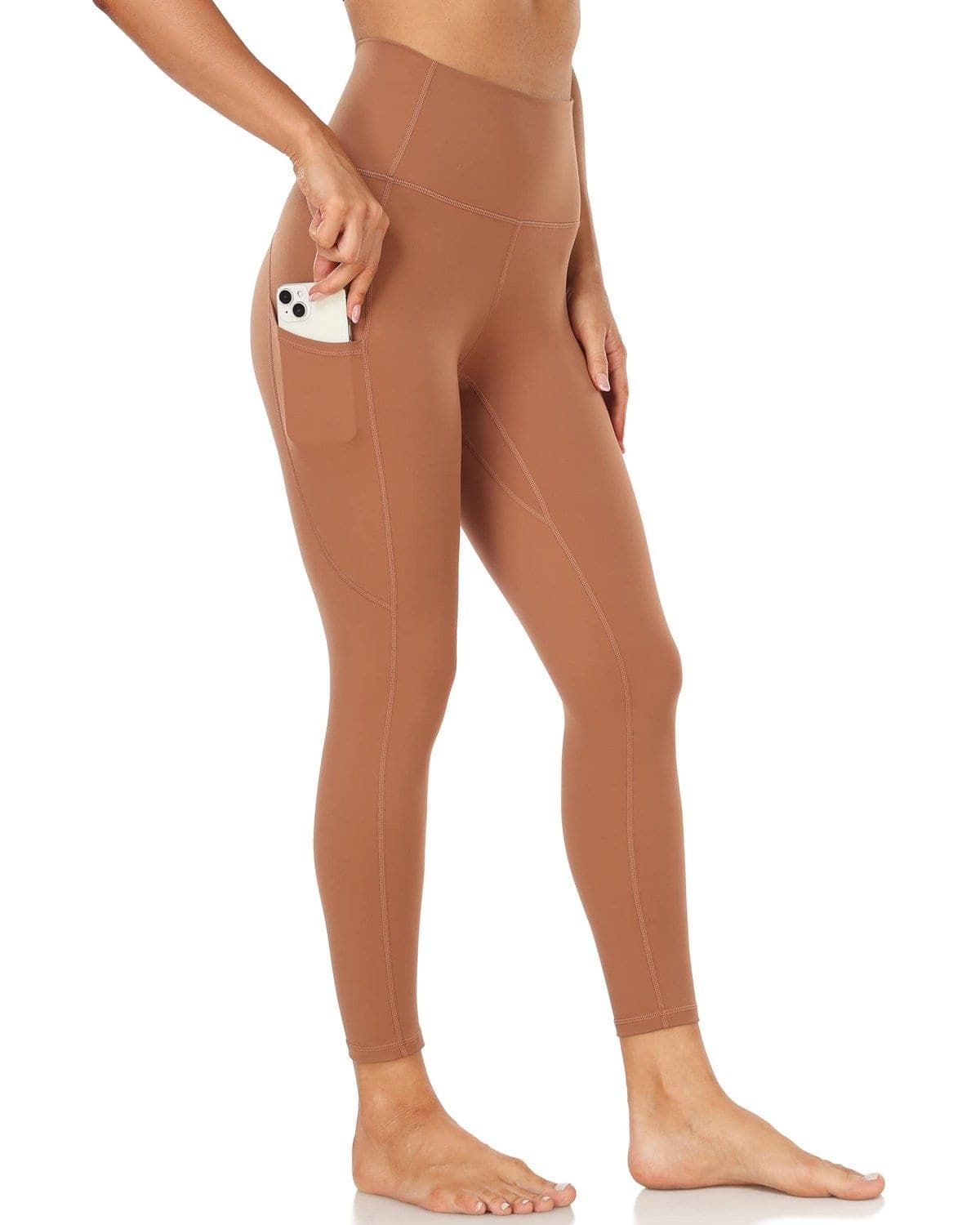 25’’ High Waisted Athletic Pants With Pocket - brown leggings pocket #color_ Roasted Brown / XS
