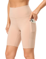 8'' High Waist Pockets Yoga Biker Shorts#color_sand