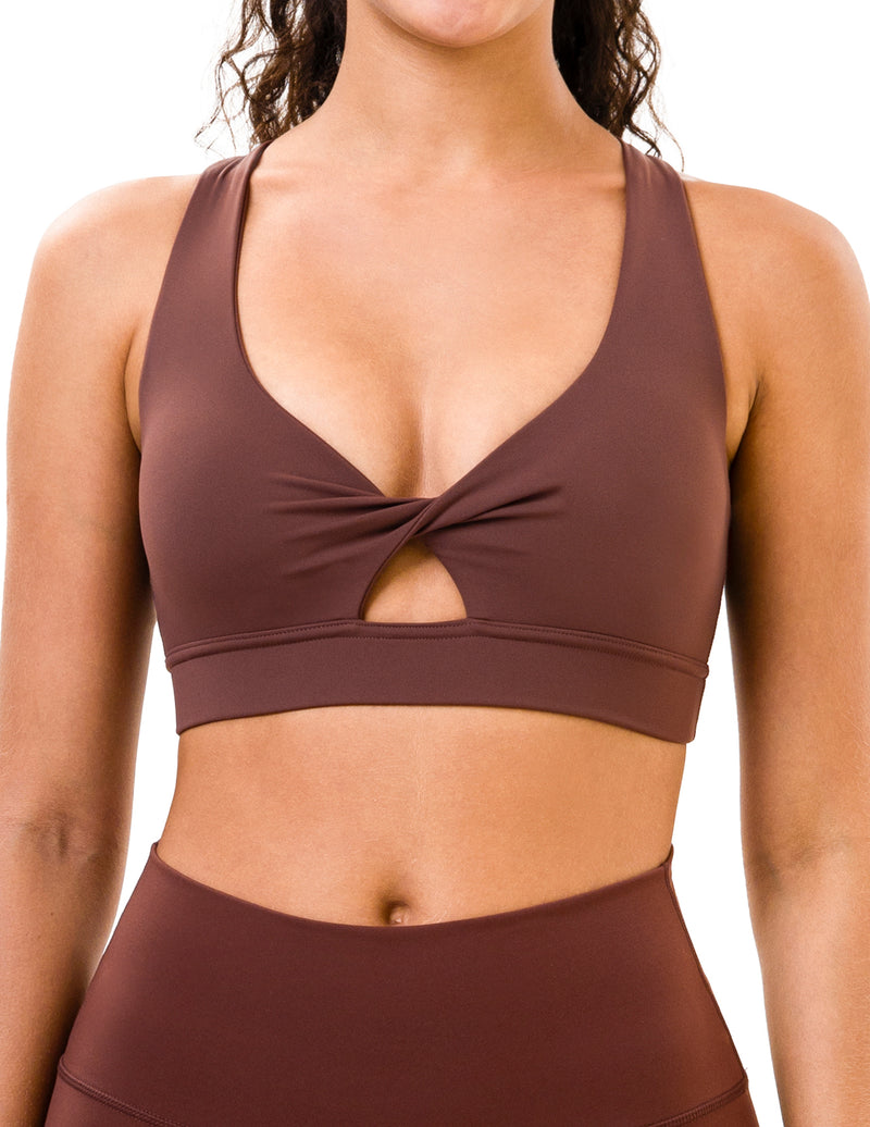 Twist Front V-Neck Criss-Cross Back Sports Bra - #color_ Brown Stone / XS