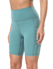 8'' High Waist Pockets Yoga Biker Shorts#color_beryl-green