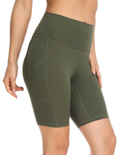8'' High Waist Pockets Yoga Biker Shorts#color_army-green