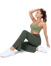 Crossover Flare Leggings with Pockets#color_army-green