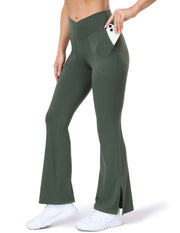 Crossover Flare Leggings with Pockets#color_army-green