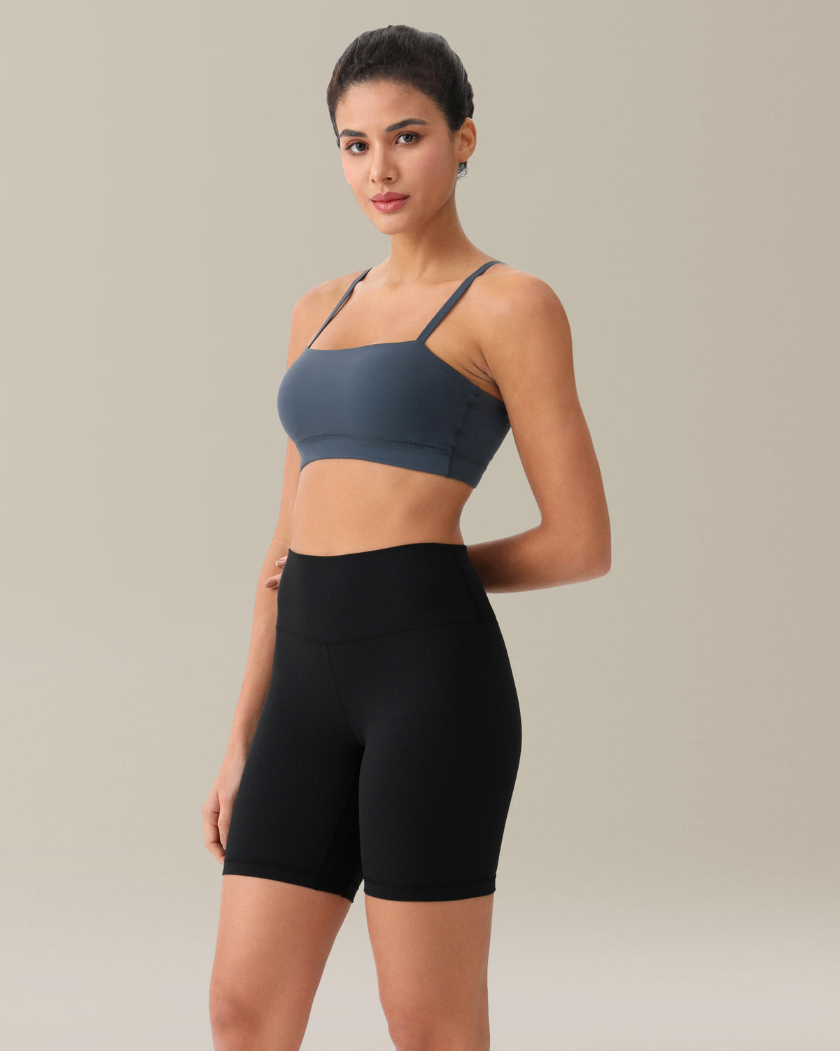 8042 Yunoga 8" High Waisted Ribbed Biker Shorts Yoga Tights - Black 