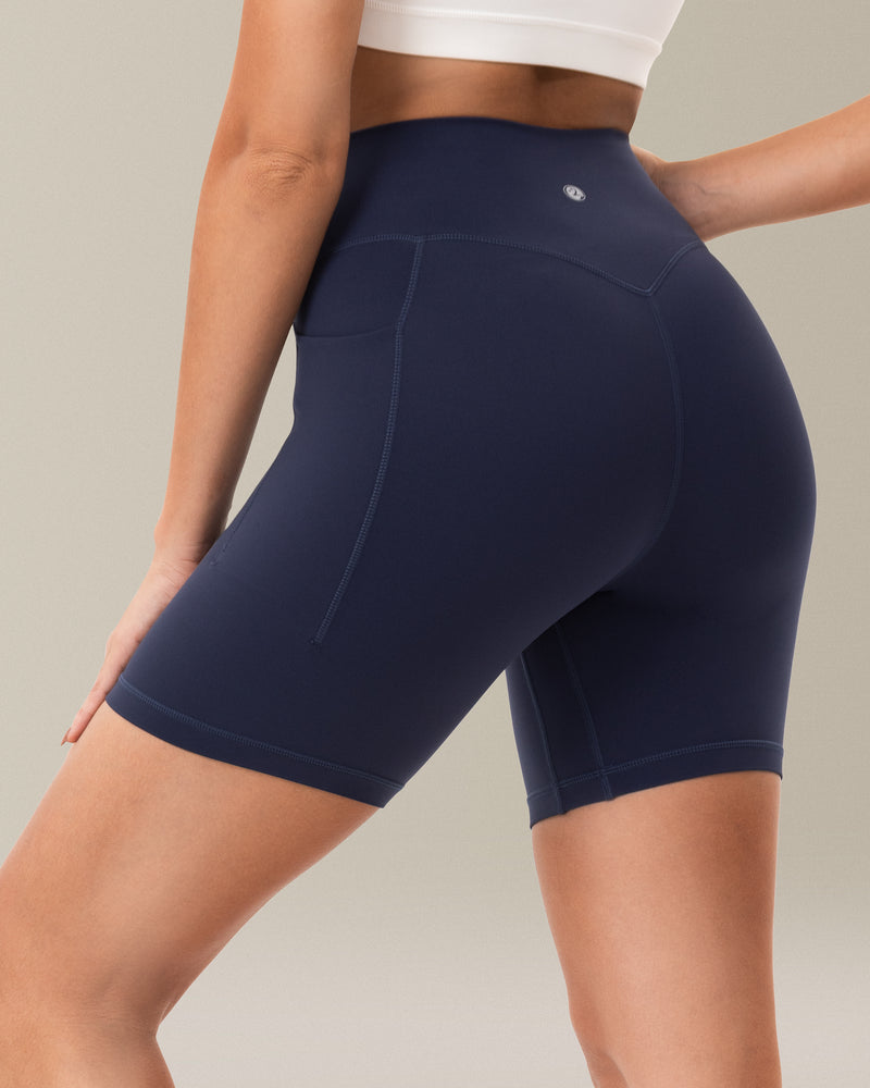 6'' Seamless Soft Biker Shorts with Pockets - No Front Seam & V-shaped - Navy Blazer