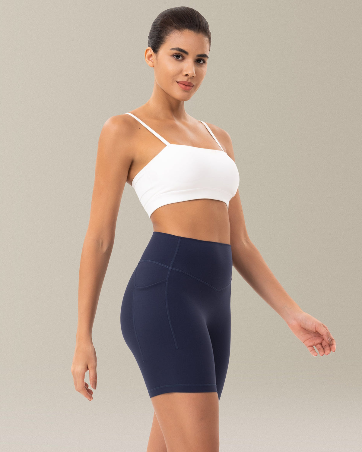 6'' Seamless Soft Biker Shorts with Pockets - No Front Seam & V-shaped - Navy Blazer