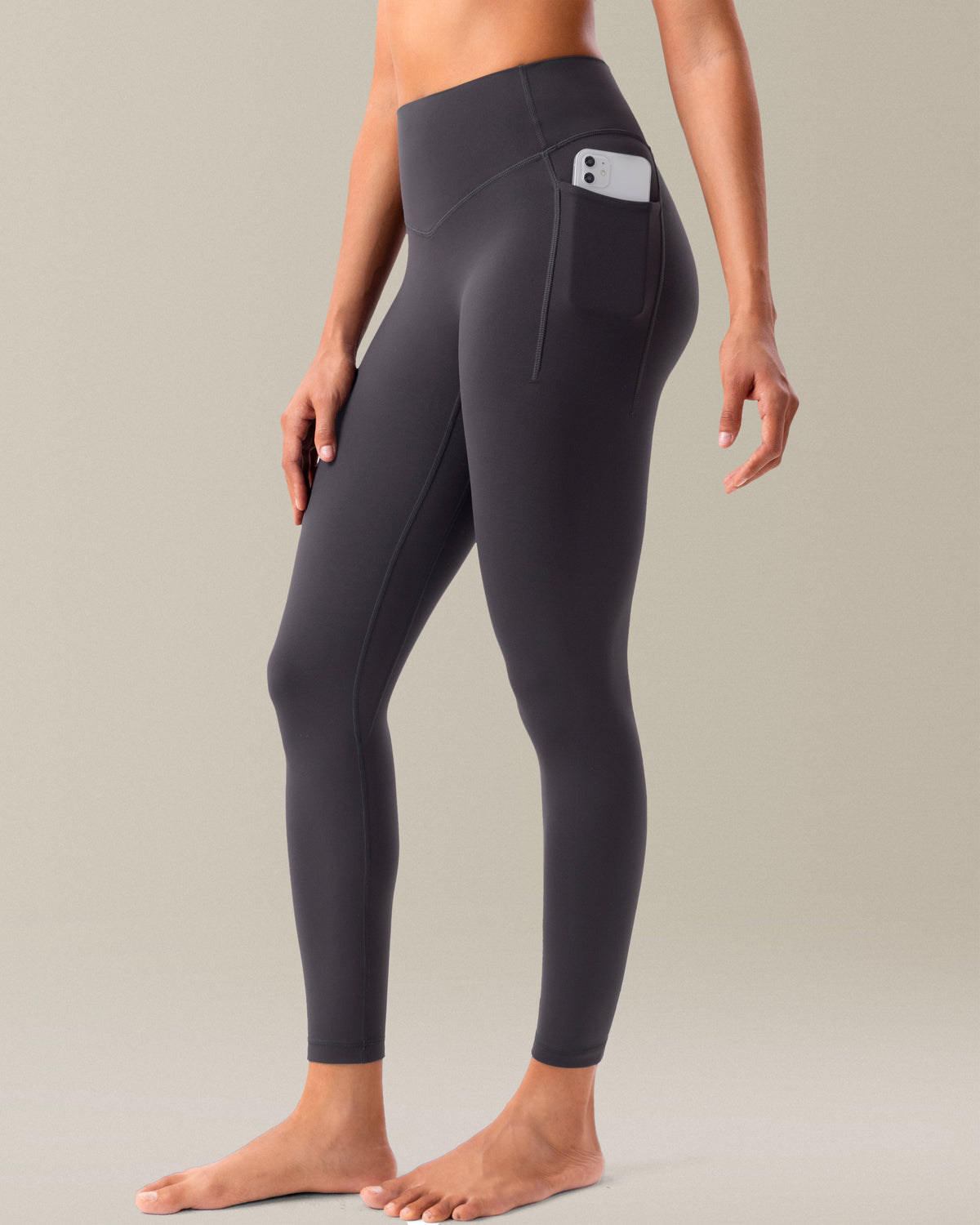 YUNOGA HugMotion No Front Seam Leggings for Women with Pockets - 25 Inches High Waisted Buttery Soft Workout Gym Yoga Pants - Grey