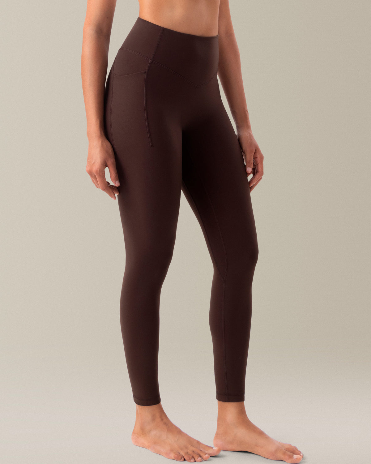 YUNOGA HugMotion No Front Seam Leggings for Women with Pockets - 25 Inches High Waisted Buttery Soft Workout Gym Yoga Pants - Hot Fudge