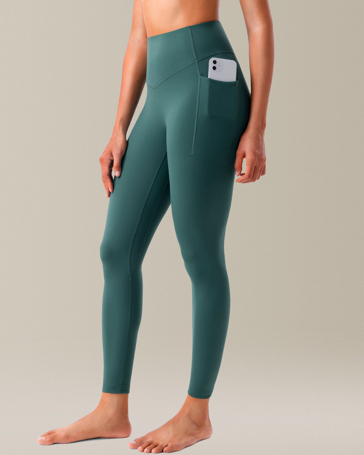 YUNOGA HugMotion No Front Seam Leggings for Women with Pockets - 25 Inches High Waisted Buttery Soft Workout Gym Yoga Pants - Hunter Green