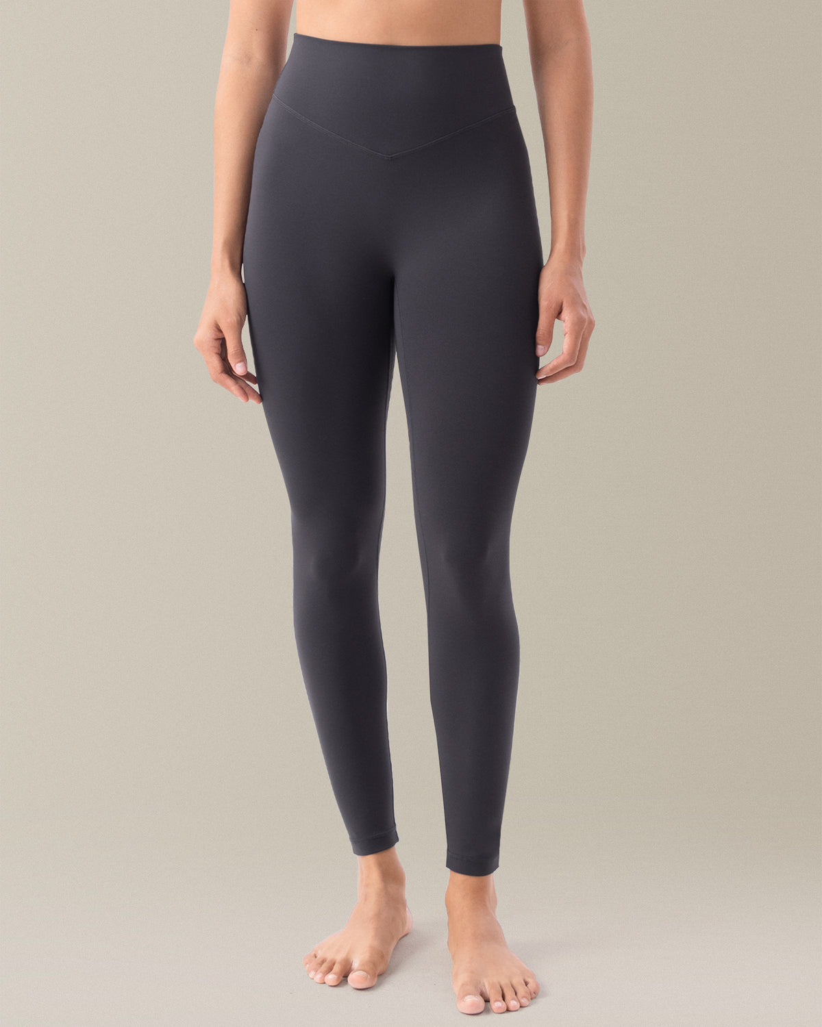 HugMotion Women's 25" No Front Seam Leggings in grey, display buttery-soft fabric and seamless waistband