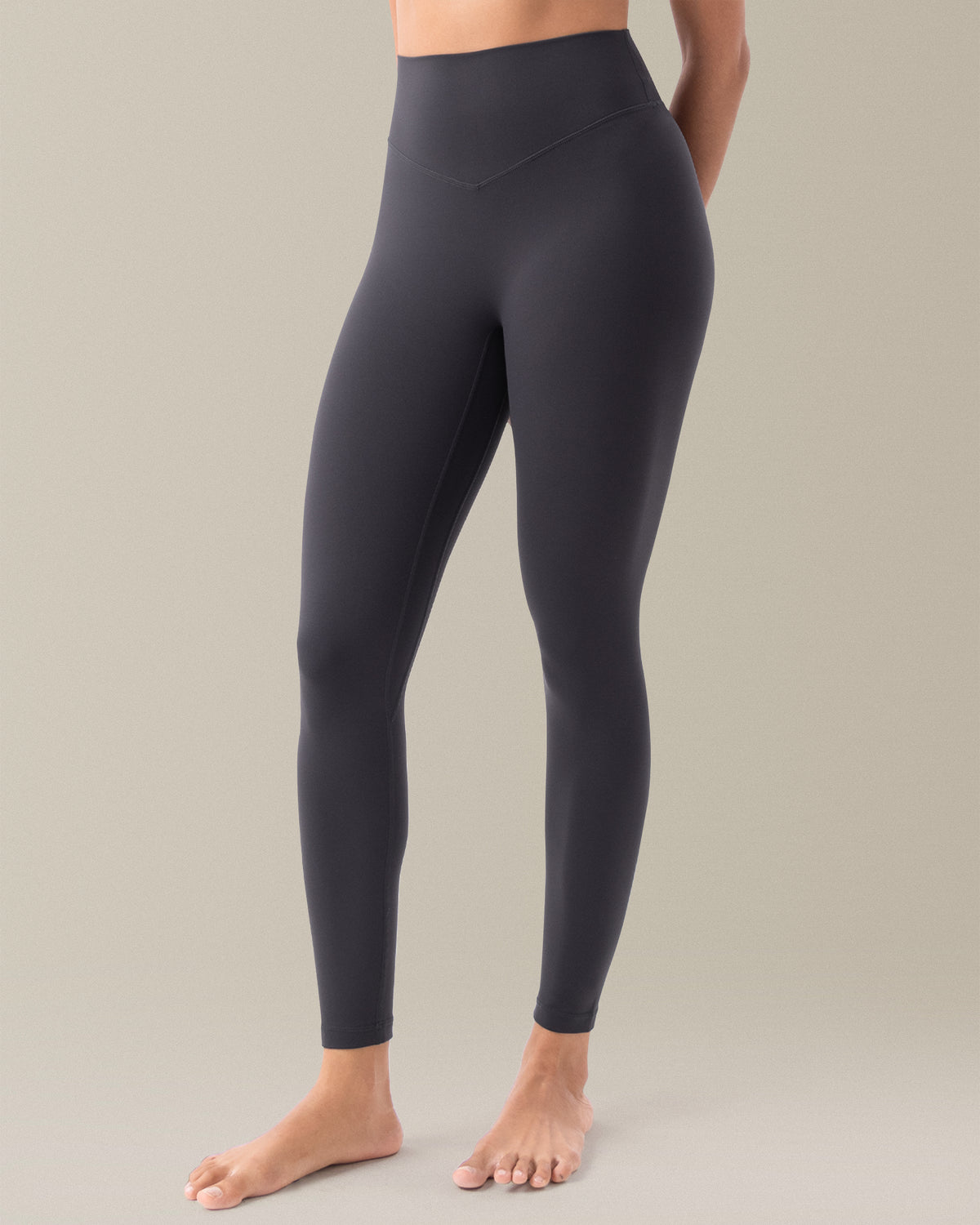 YUNOGA HugMotion Women's 25" No Front Seam Leggings in grey, detailing non-see-through fabric and tummy control.