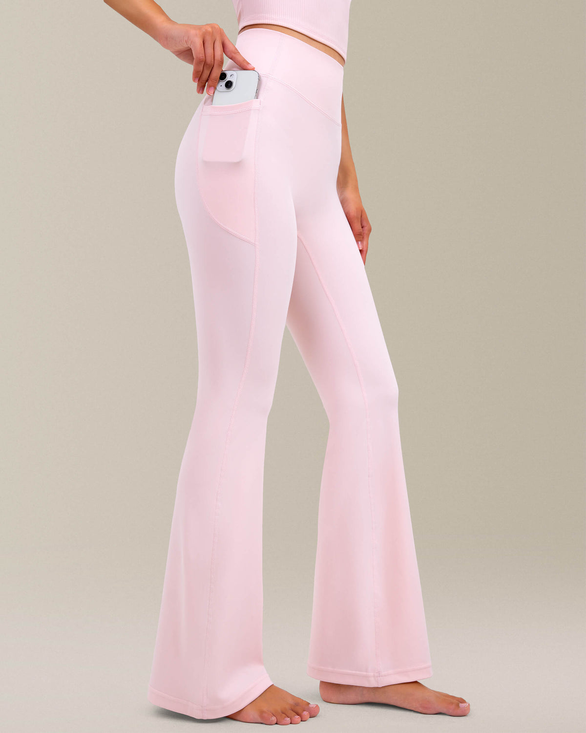 8075 - yunoga 30 inch inseam no front seam flare leggings with pockets - pink sude