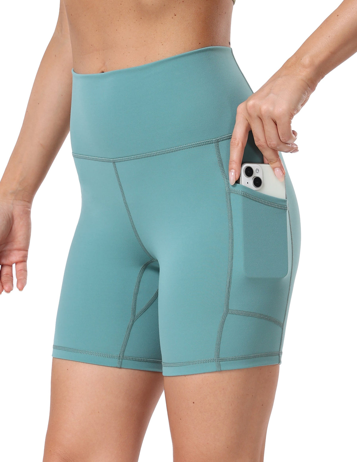 Yunoga 6’’ Biker Shorts with Pockets - blue athletic shorts pockets - Beryl Green