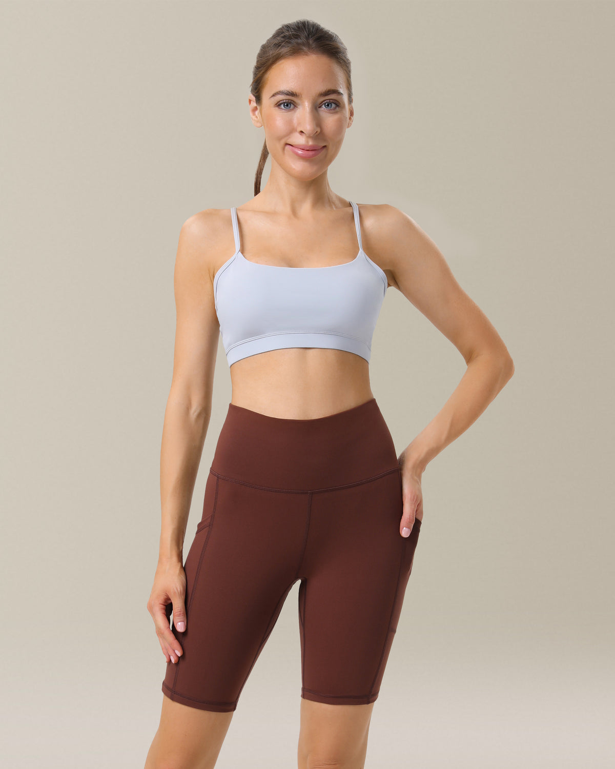 8950 - Yunoga 8'' High Waist Pockets Yoga Biker Shorts - Brown Stone