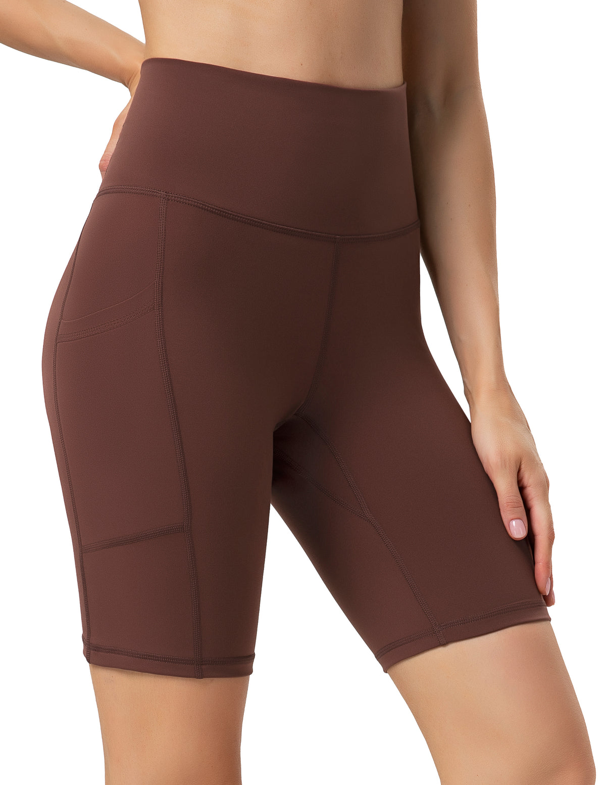 8950 - Yunoga 8'' High Waist Pockets Yoga Biker Shorts - Brown Stone