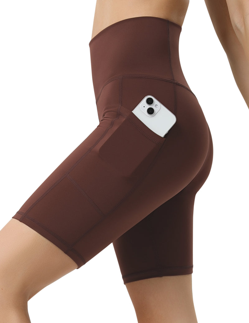 8950 - Yunoga 8'' High Waist Pockets Yoga Biker Shorts - Brown Stone