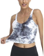 Wirefree Padded Sports Bra Cropped Tank Top#color_black-white-tie-dye